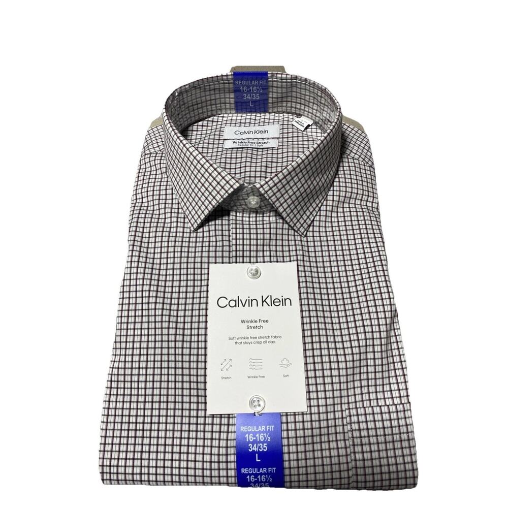 Calvin Klein Dress Shirt Mens 16 16.5 White Check Wrinkle Free Stretch New